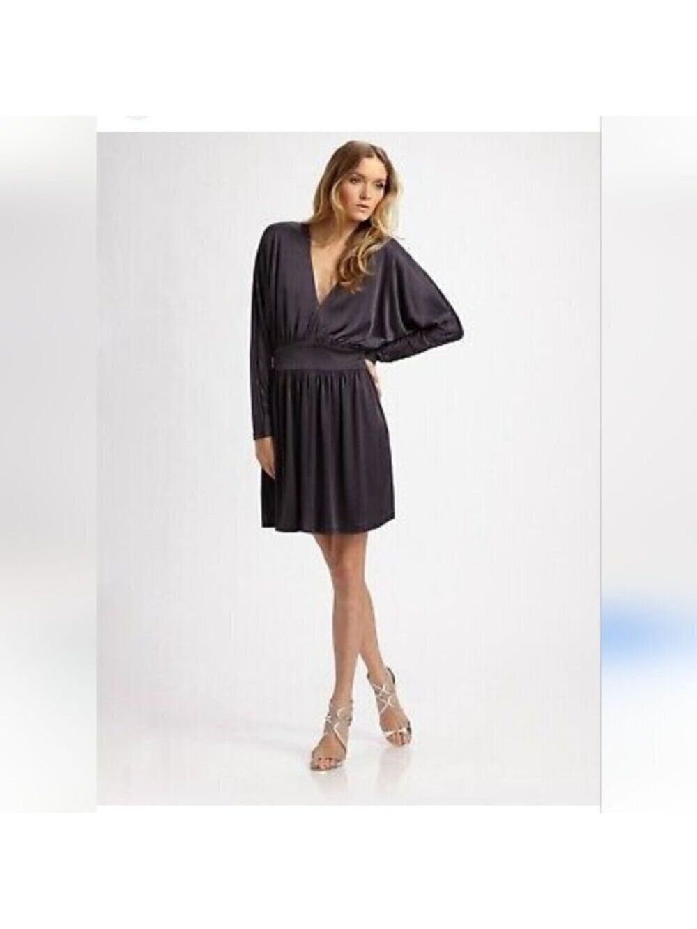 HALSTON HERITAGE | $595 Deep V White Sequin Belt Cocktail Dress Black Sz 4